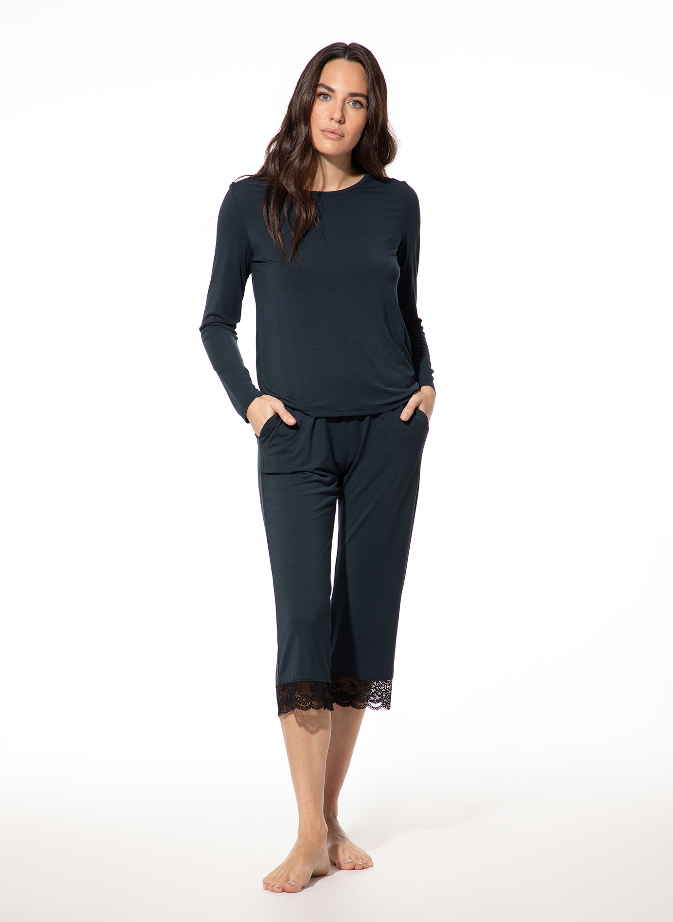Damen Langarmshirt mit Spitze dunkelblau