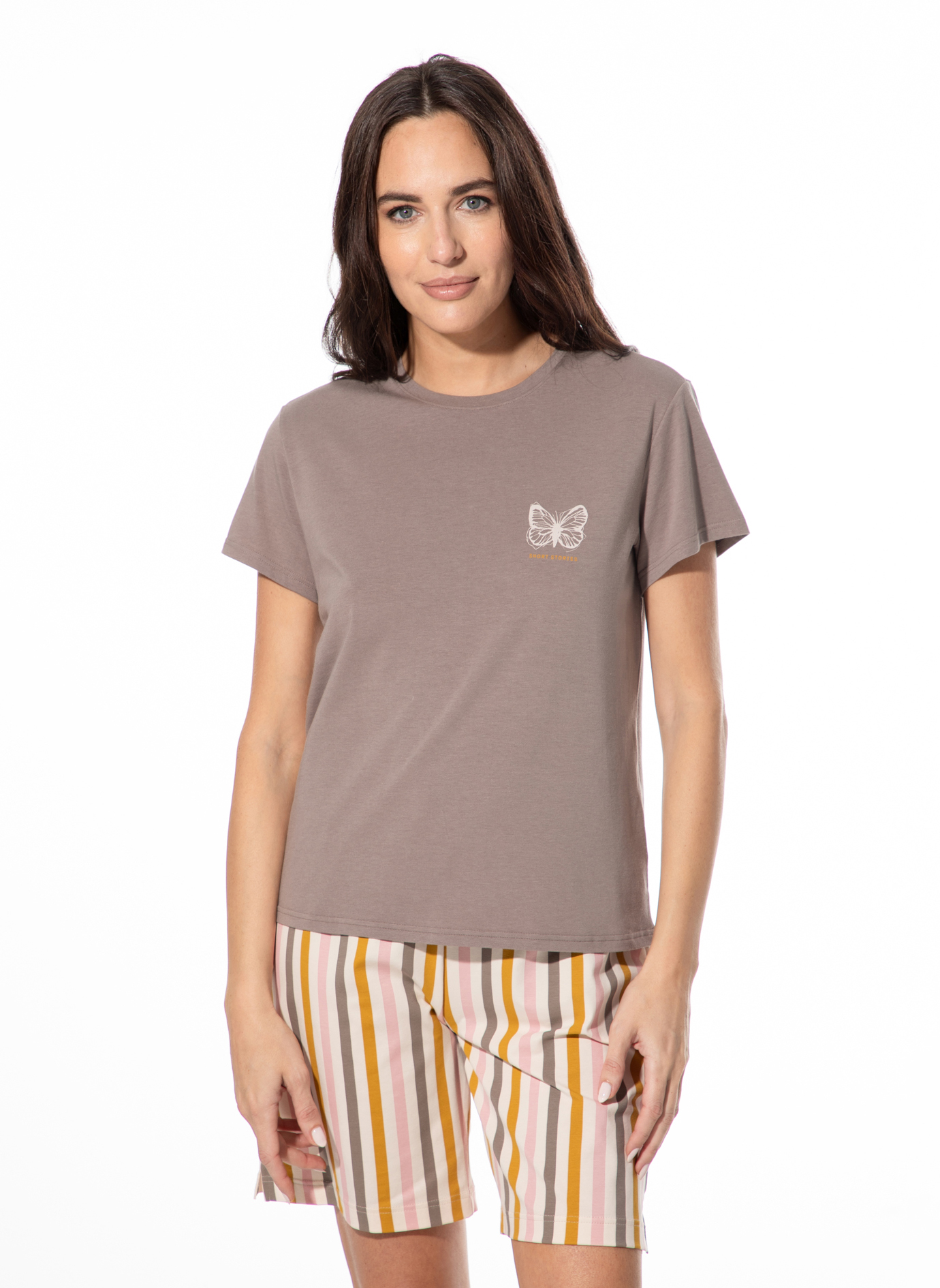 Damen-Schlafshirt kurzarm braun Schmetterling