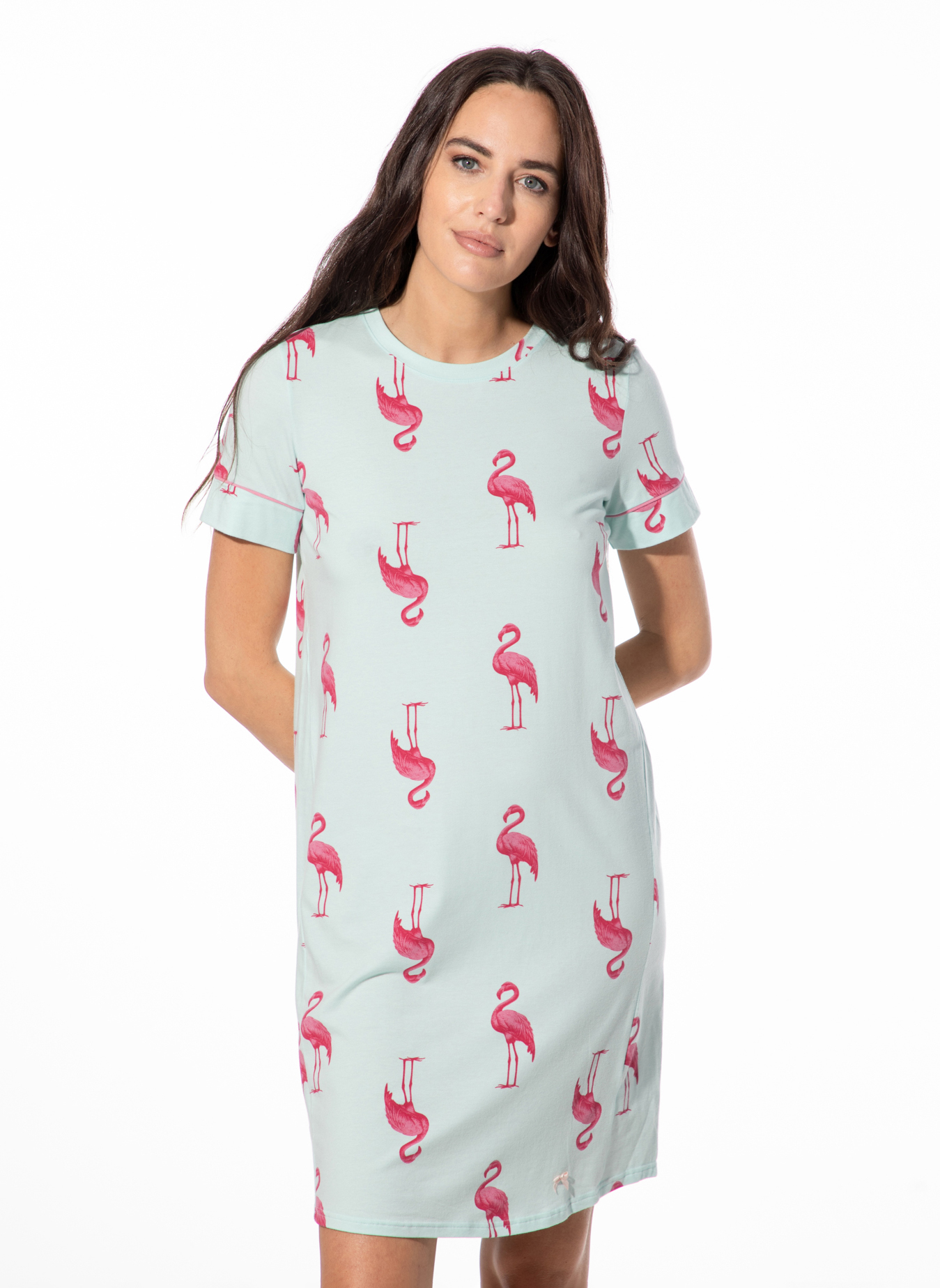 Kleider, T-Shirt, Kleid mit Flamingomuster, Kurzärmelig, Muster: Flamingo