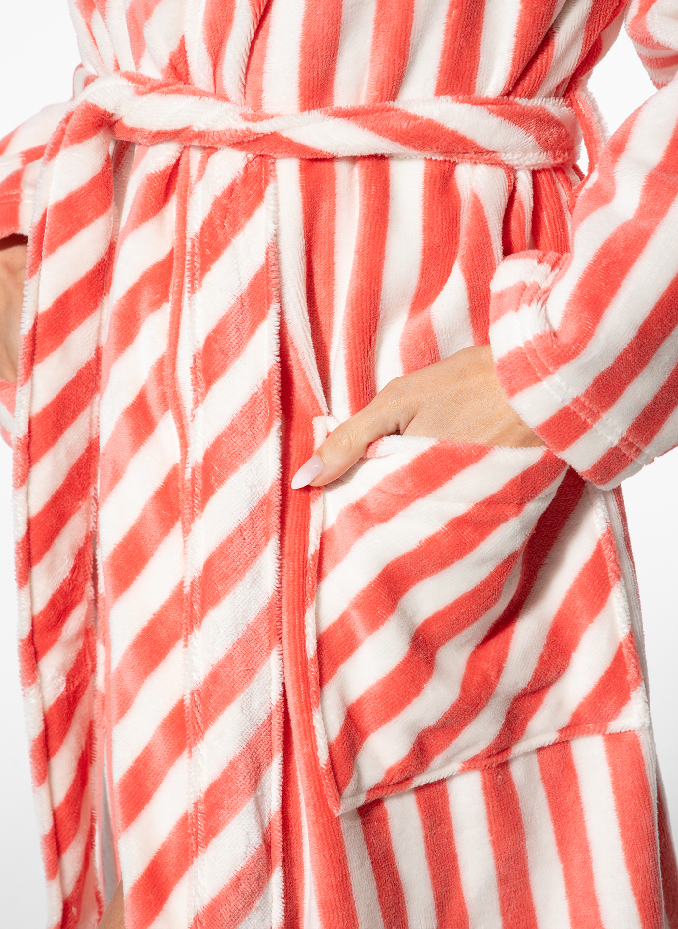 Bademantel, Strickmantel, Rote Streifen, Pockets, Gürtel-Detail