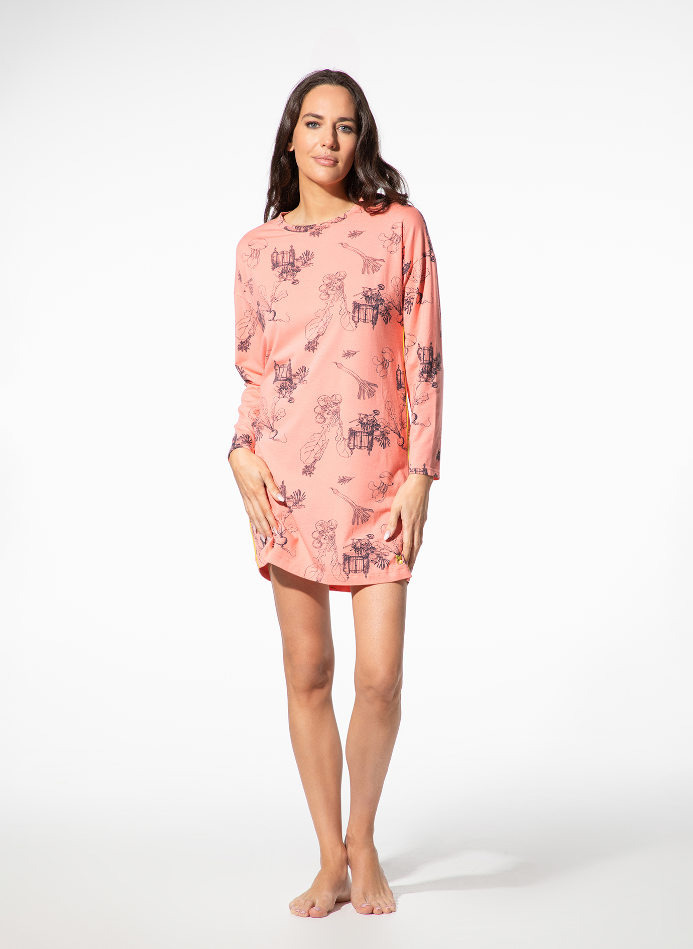 Nachthemd, Langer Arm, Rosa, Druck, Kleid-ähnlich