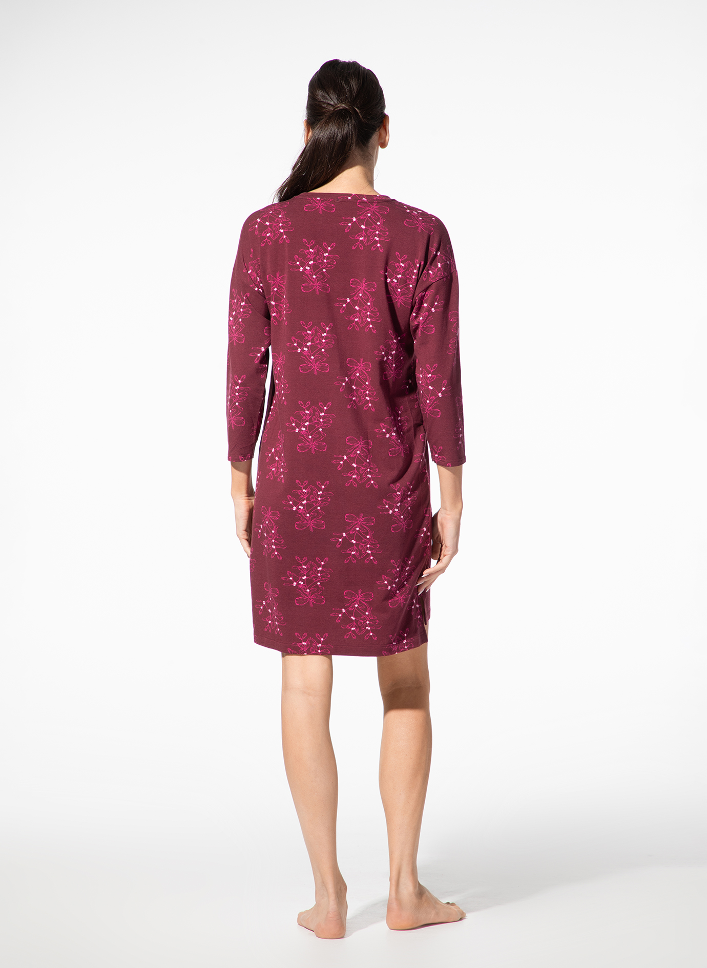 Kleid, Drei Viertel-Ärmel, Muster, Burgunder, Print
