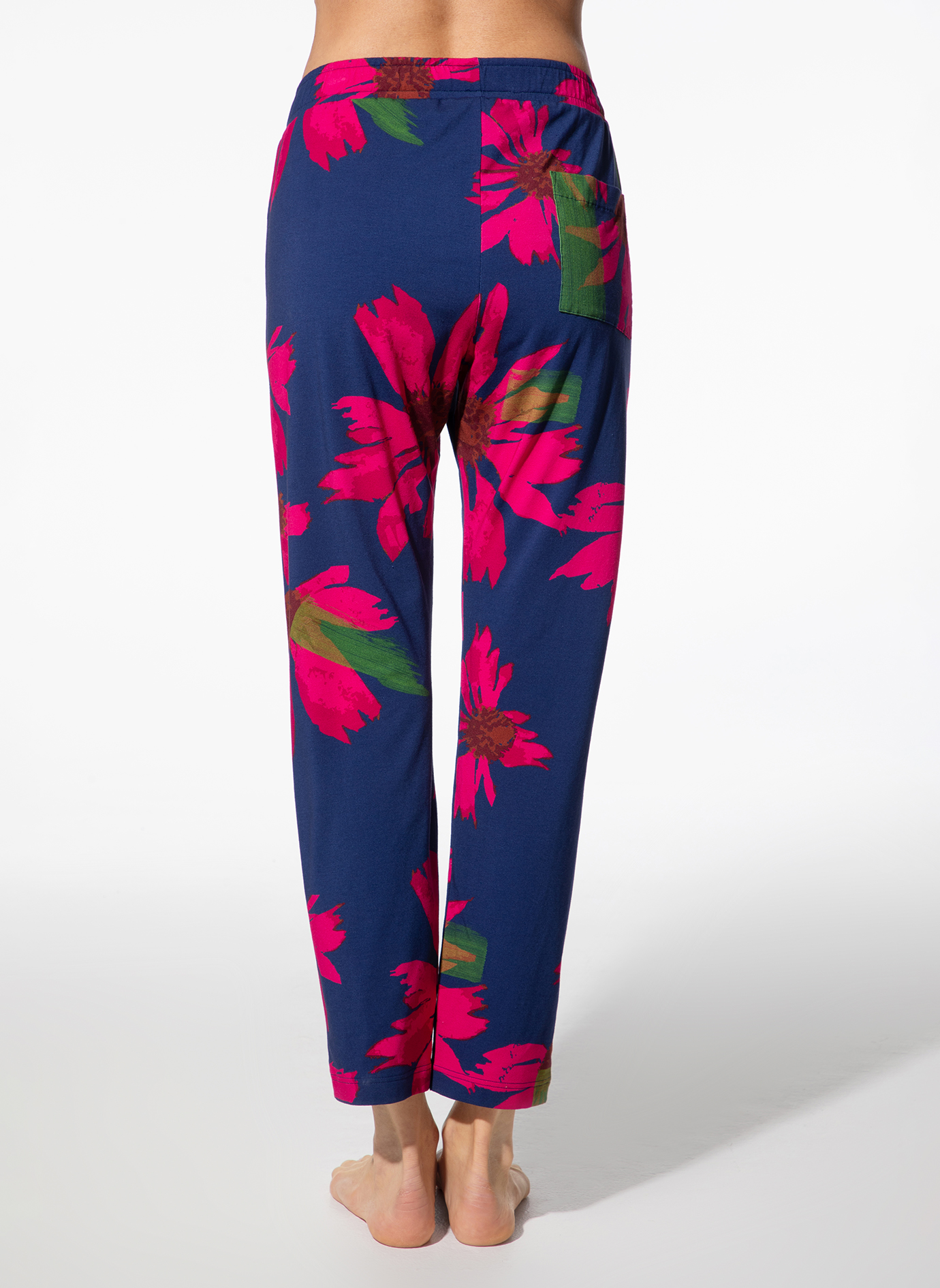 Flare-Pants, Blumenmuster, Blau, Rosa, Taschen