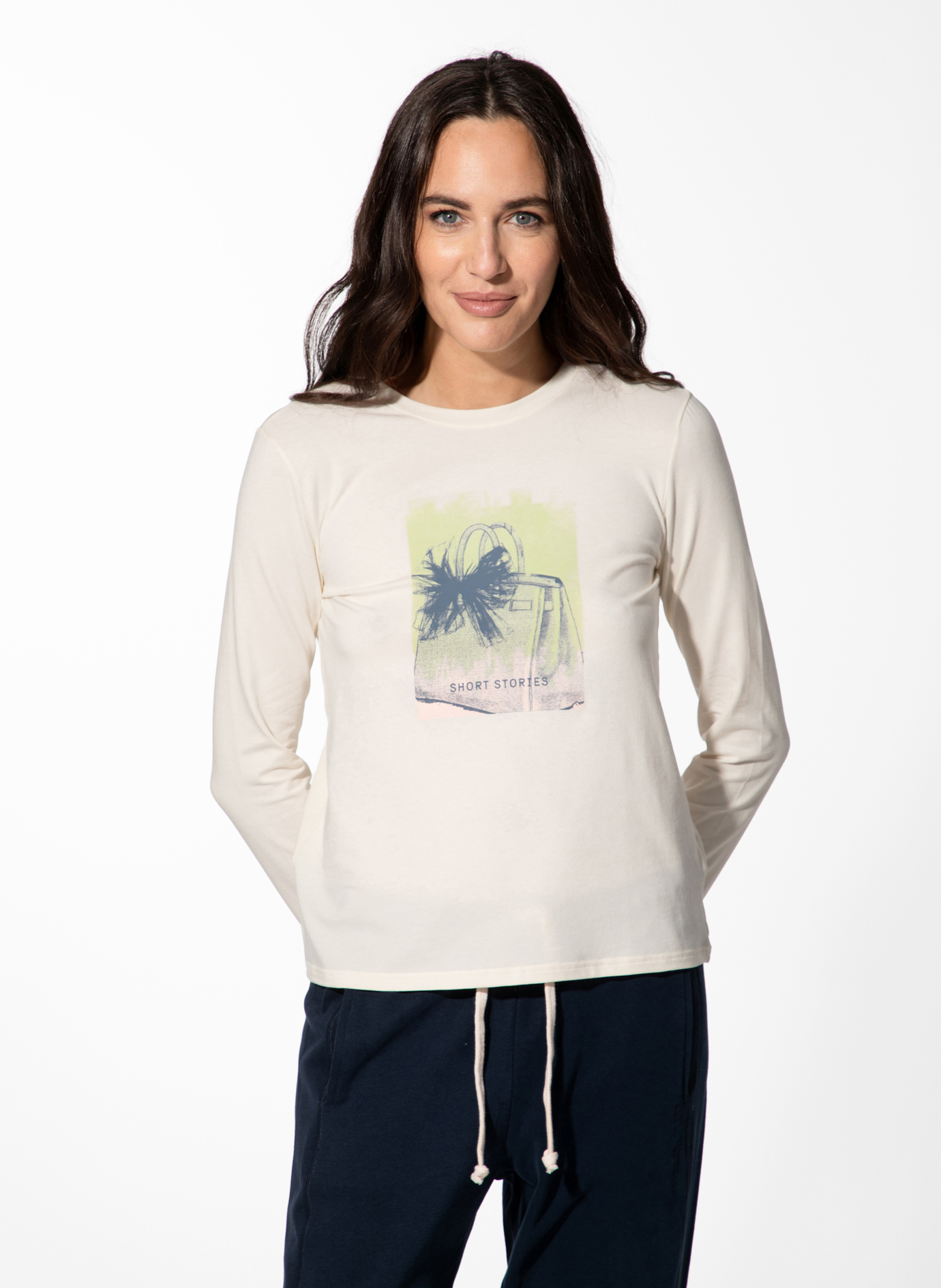 Damen-Schlafshirt langarm beige Handtasche