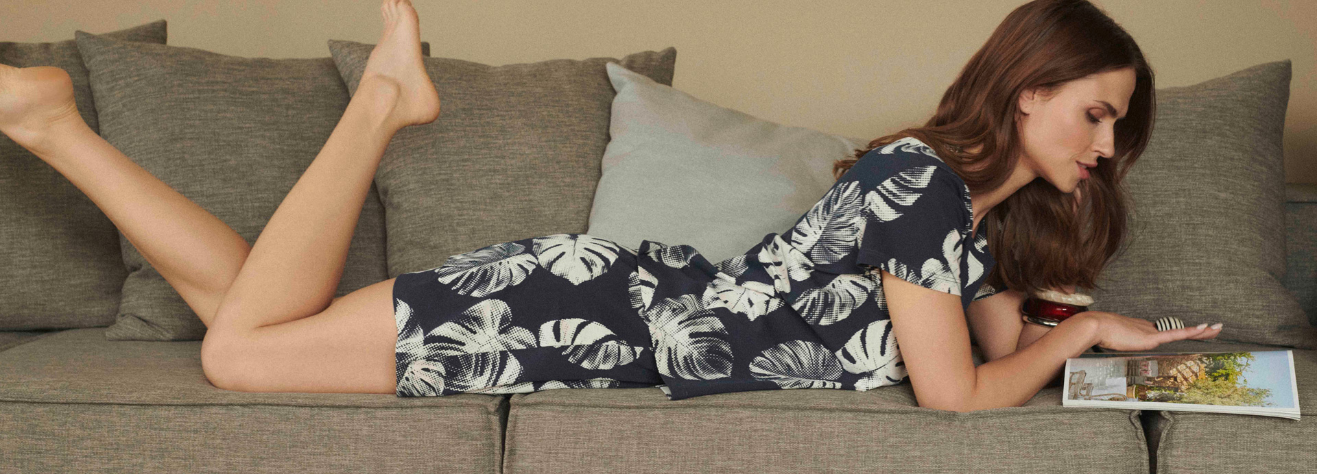 Kleid, Blätter-Print, Kurzarm, Navy, Loungewear