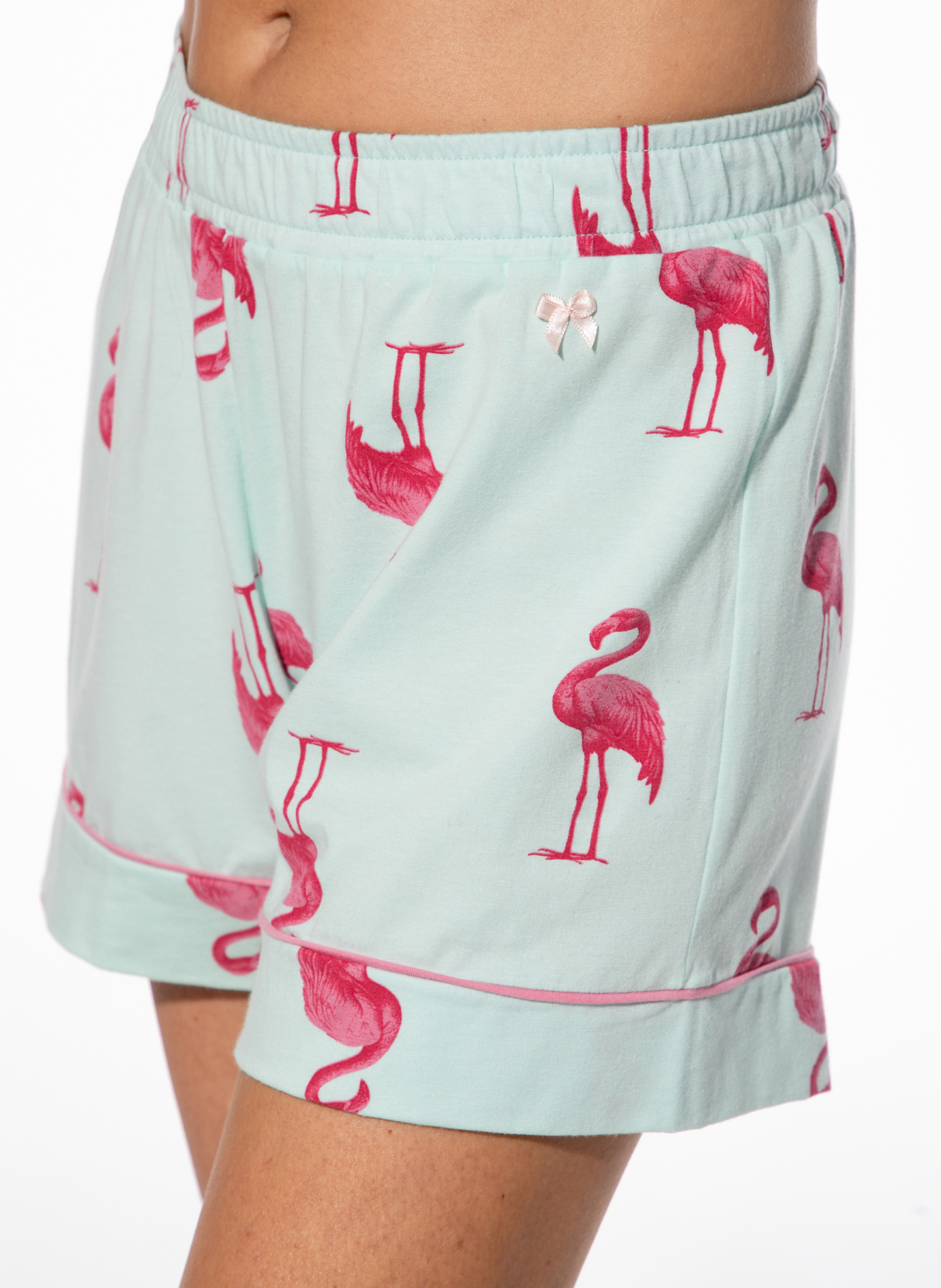 shorts, pyjama, flamingo print, hellblau, elastischer gummi