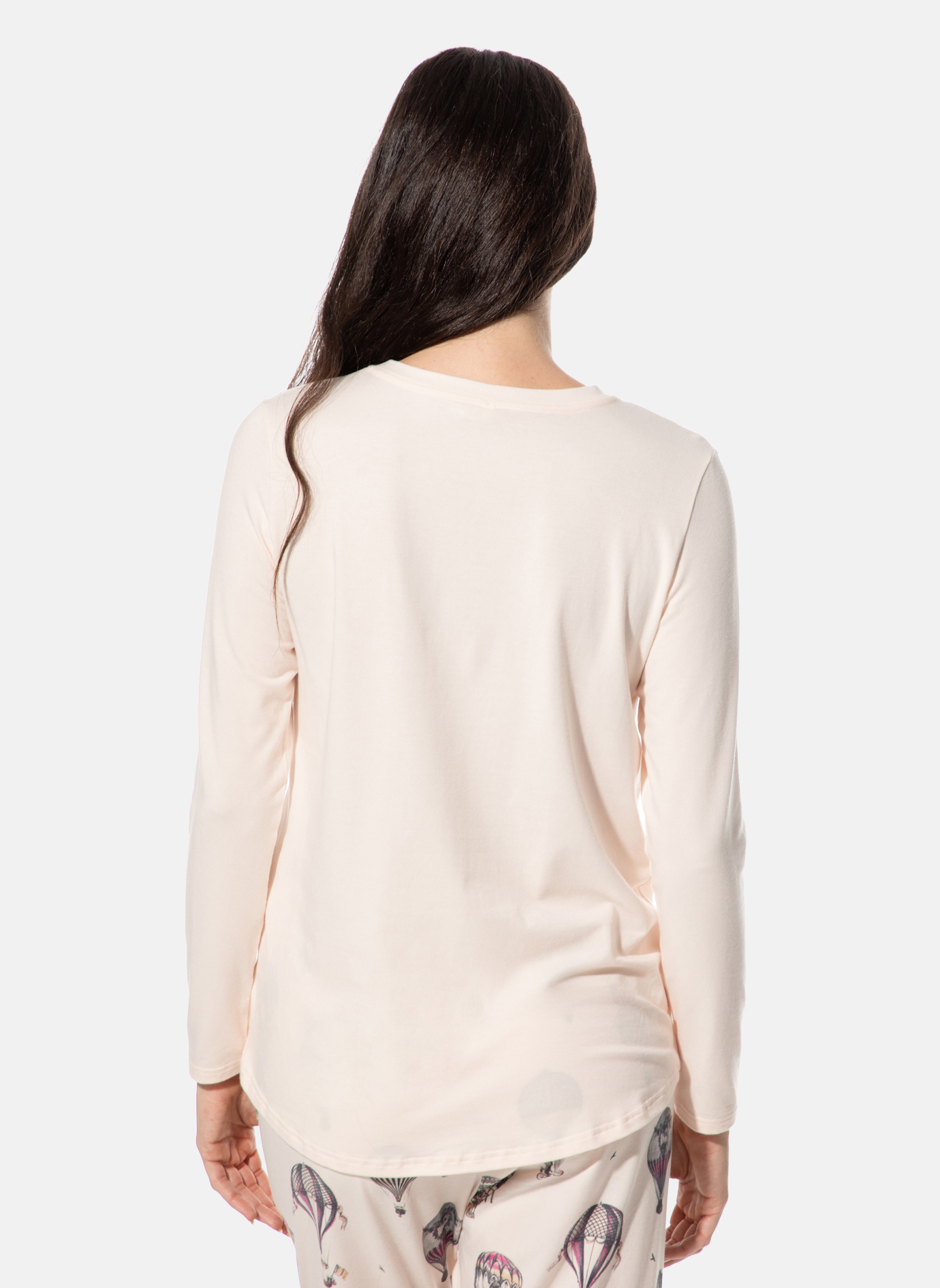 Langarm, Rundhalsausschnitt, Top, Beige, Backansicht