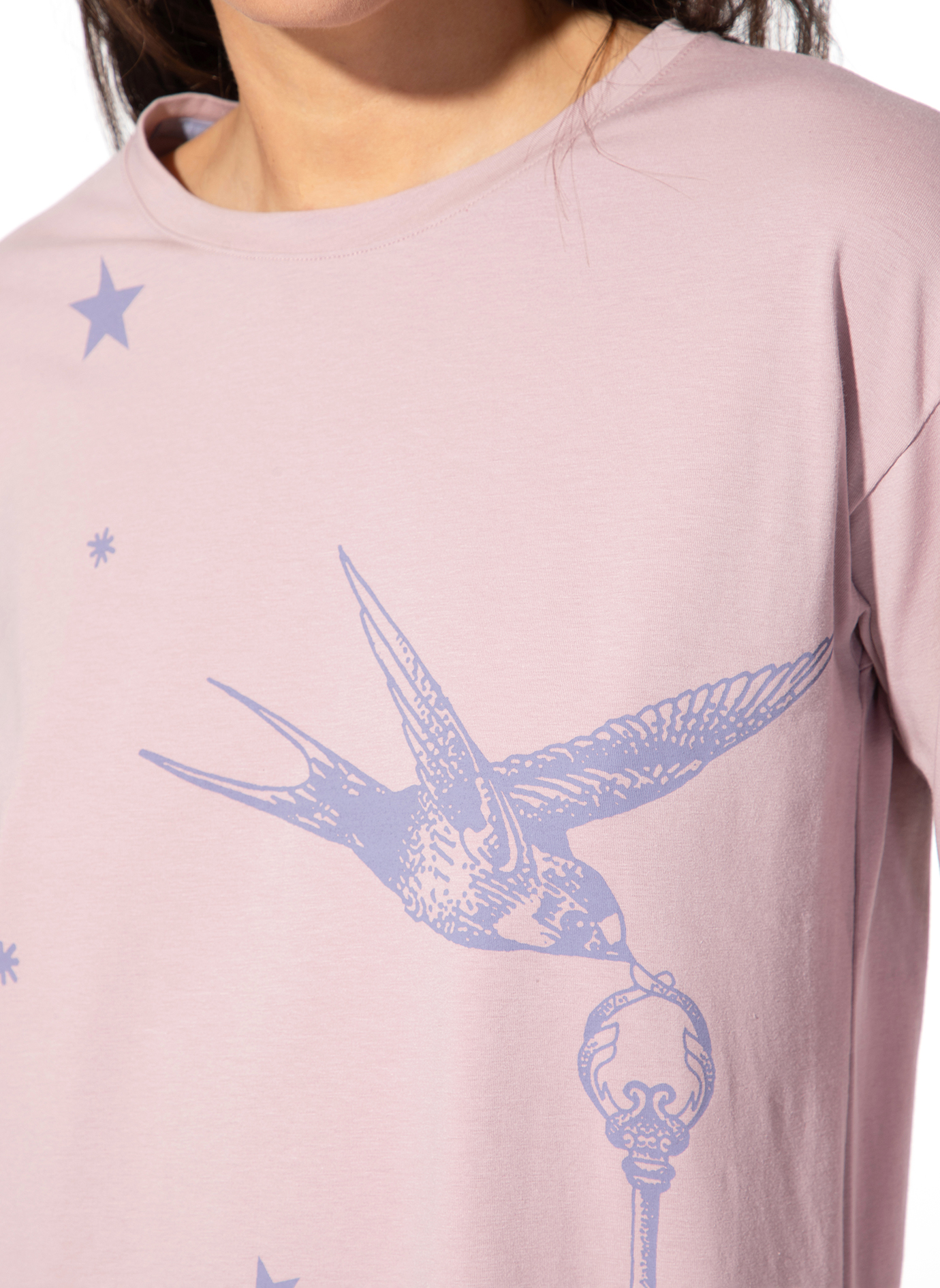 T-Shirt, Langarmshirt, Rosa, Vogel-Print, Druckmotiv
