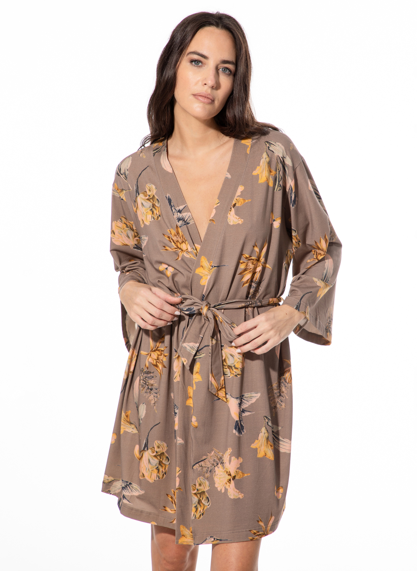Damen-Morgenmantel braun Blumen