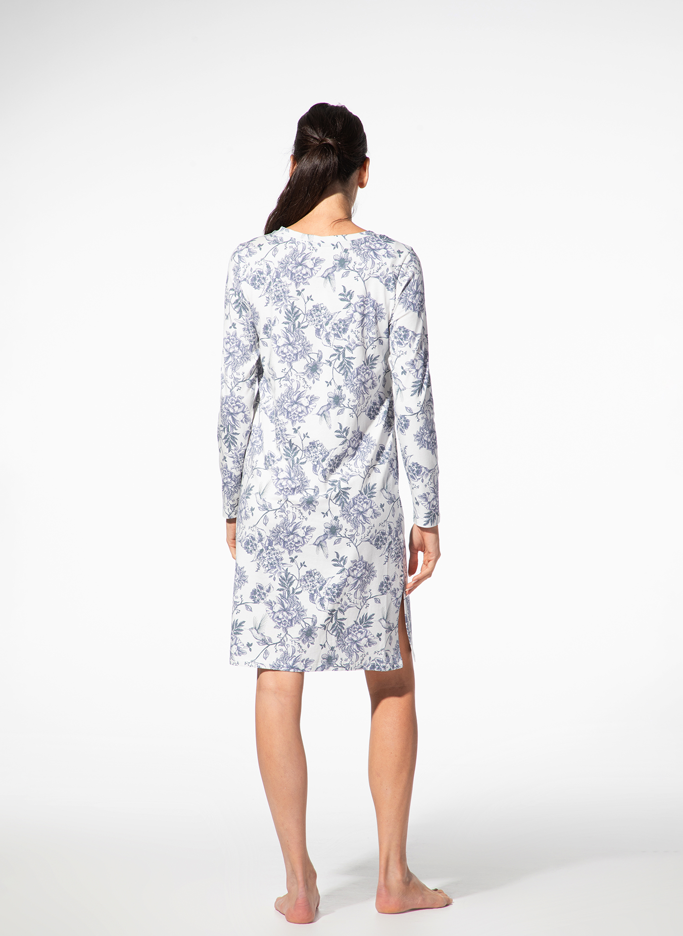 Nachtwäsche, Kleid, Blumenmuster, Langarm, KnitKnee?
