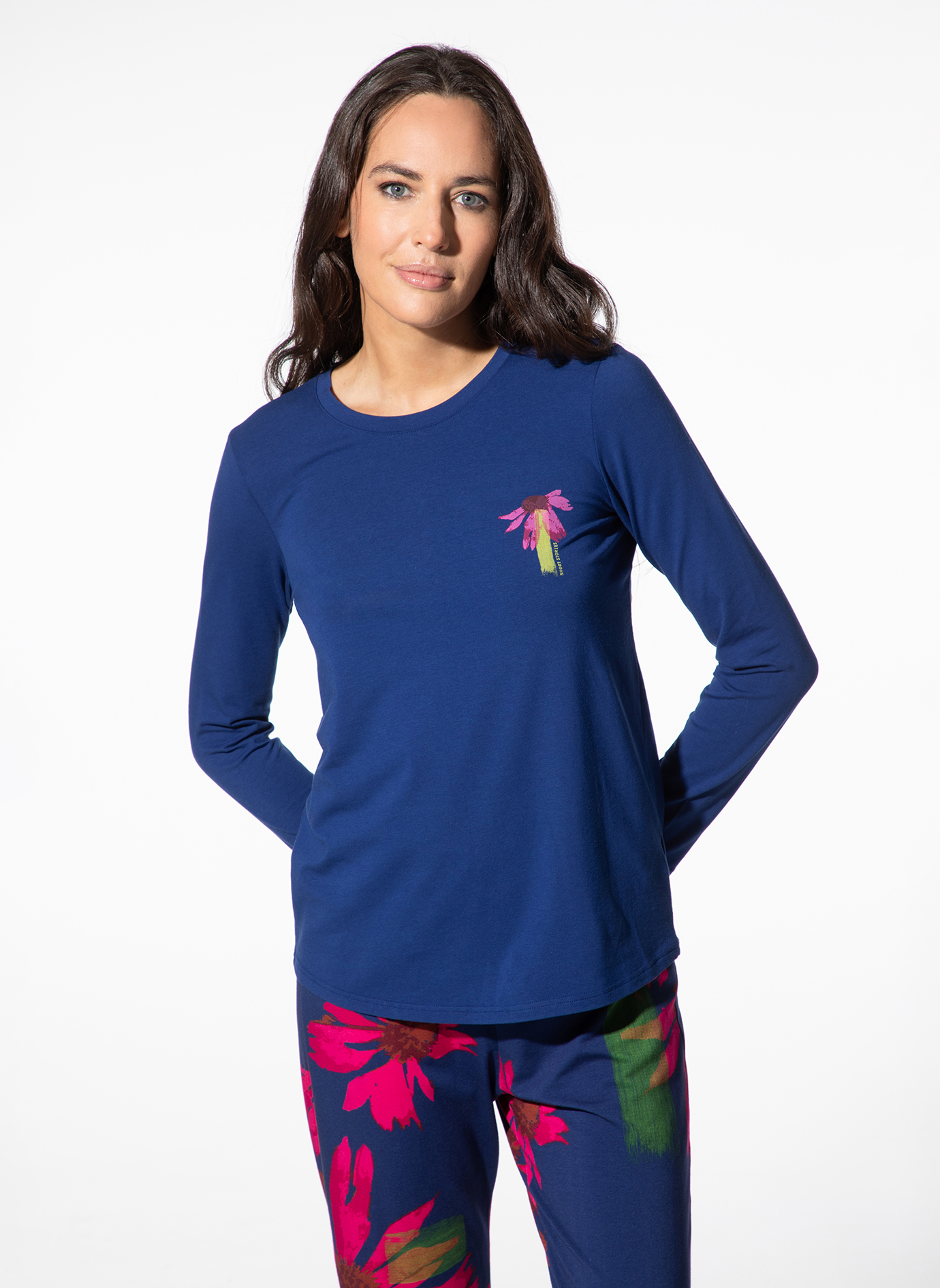Damen-Schlafshirt langarm blau Astern