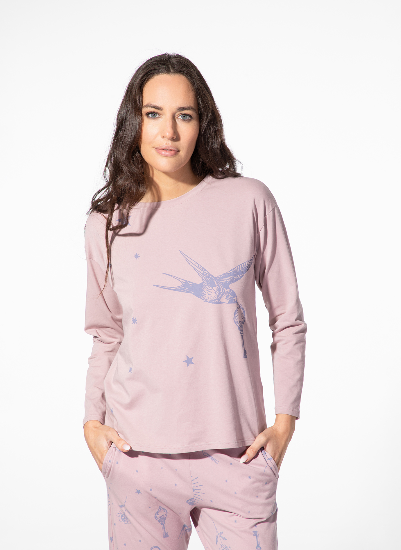 loungewear, pyjama, langarm, rosa, vogel