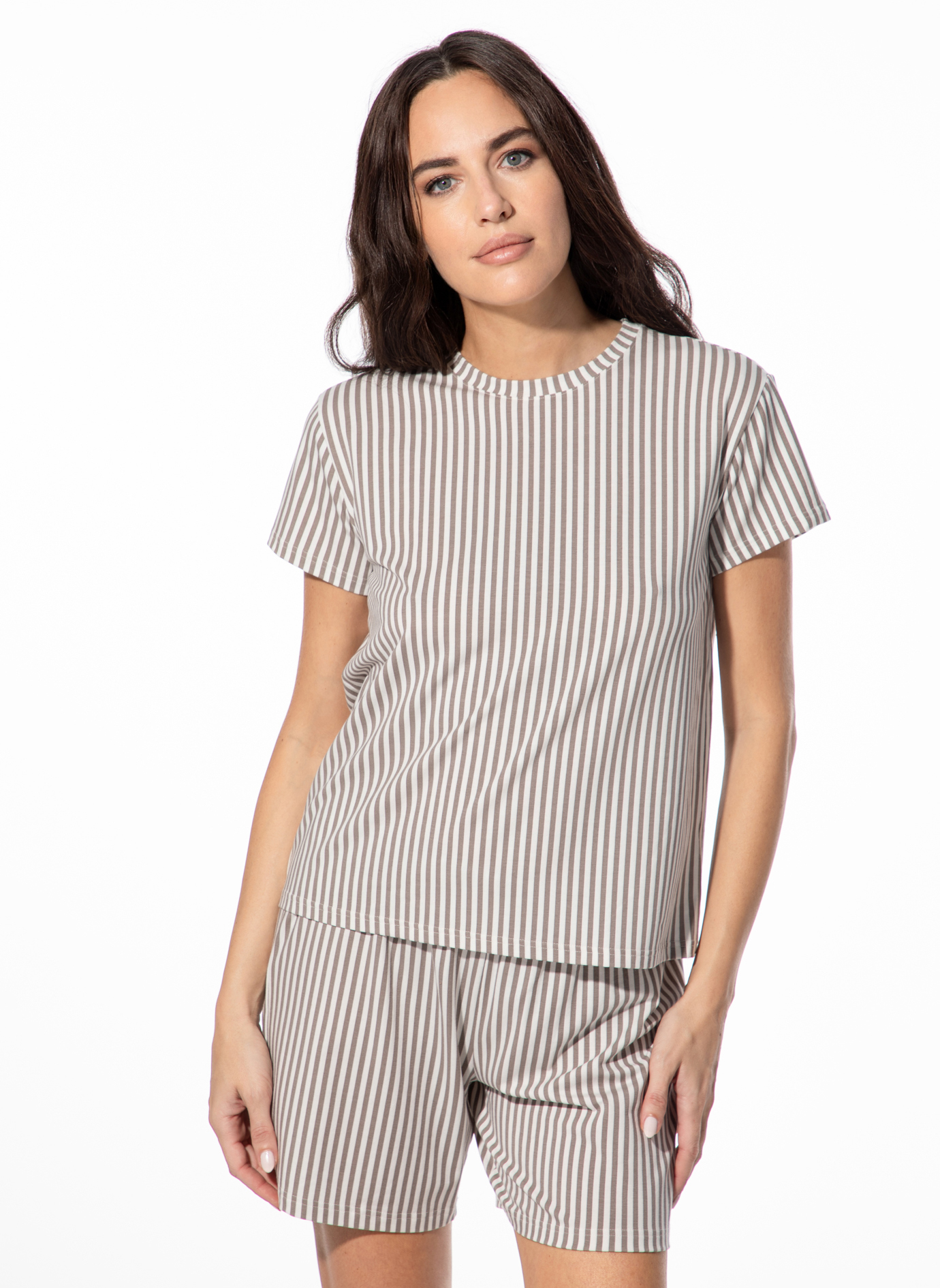 Damen-Schlafshirt braun Streifen