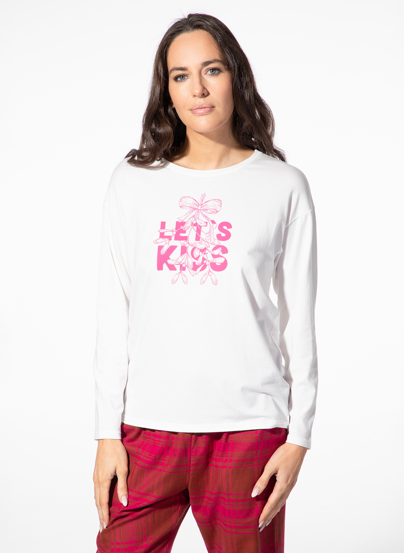 Langarmshirt, weiß, Grafik, pink, lets