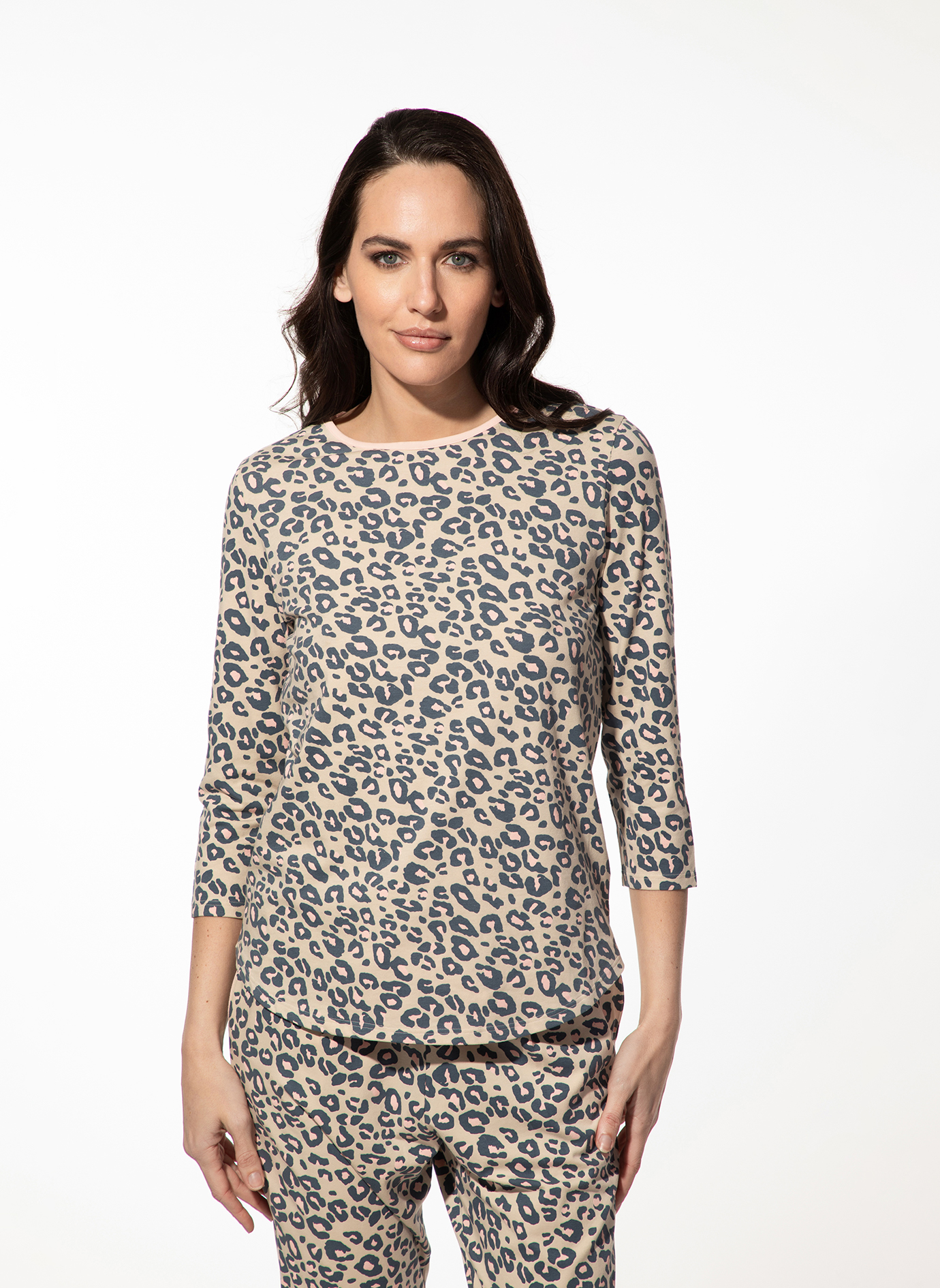 Damen 3/4-Arm Schlafshirt rosa Leo-Print