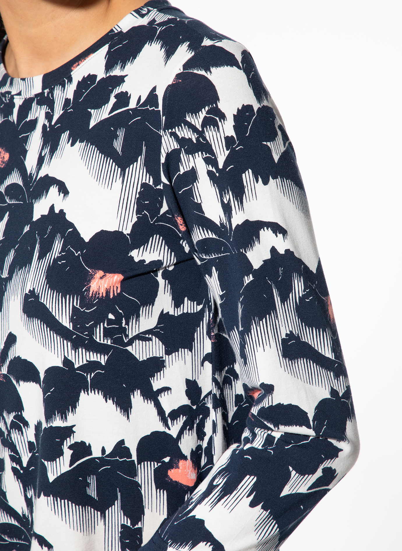 Bluse, Druck, Langarm, Muster, Navy-weiß