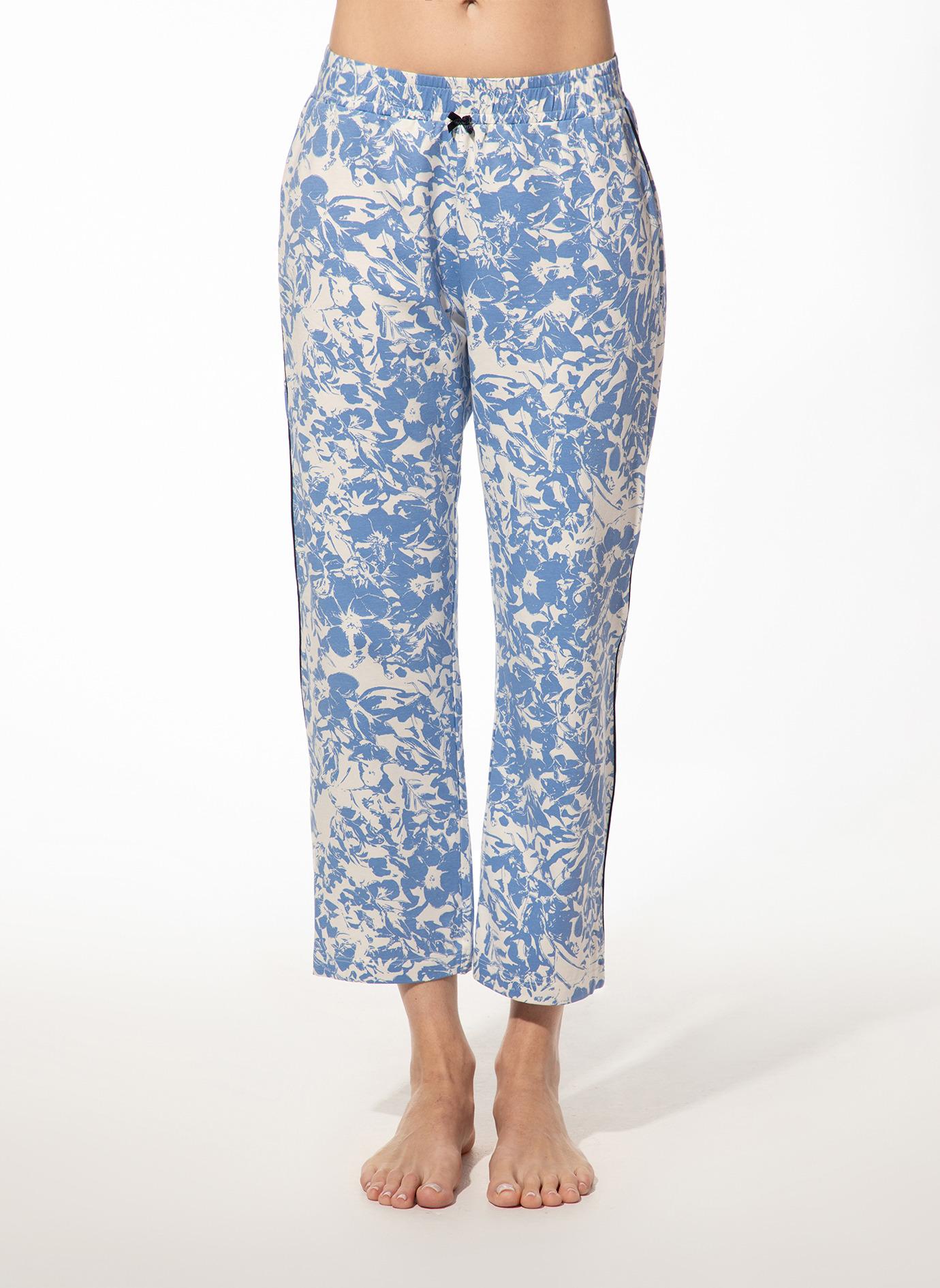 Damen 7/8 Schlafhose blau Blumen