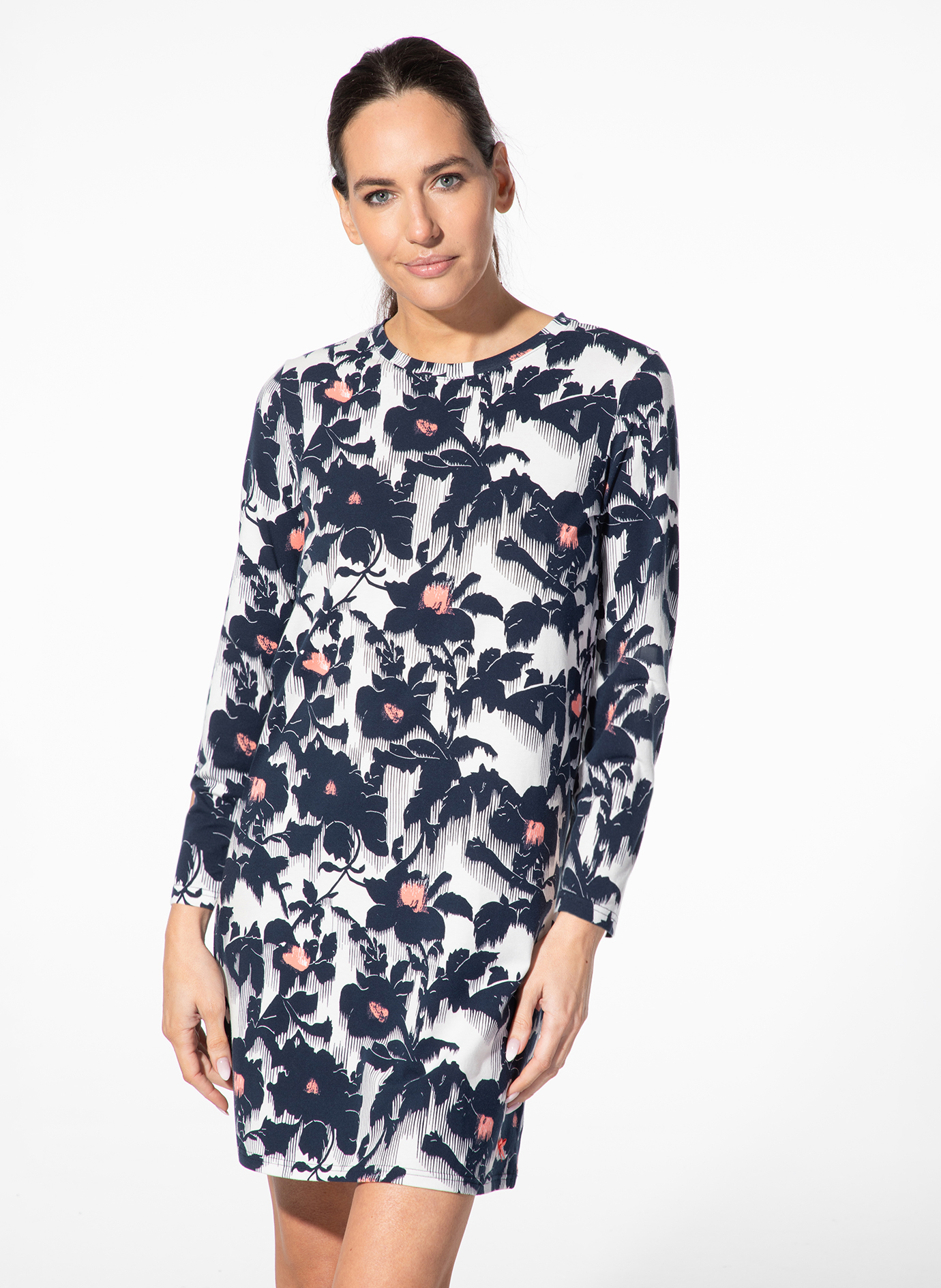 Kleid, Blumenmuster, Langarm, Druck, Navy/Blau