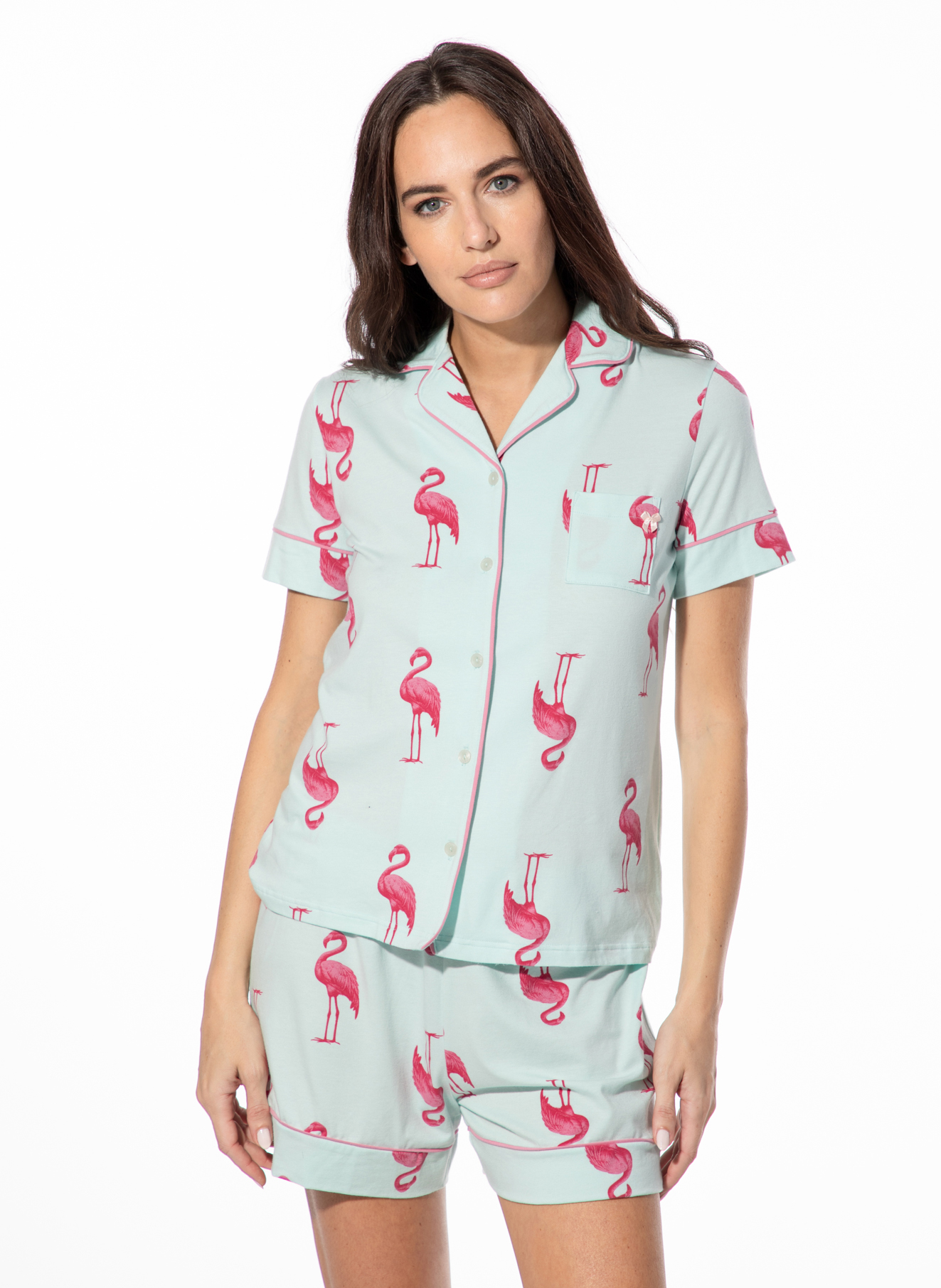 Kurzarm-Shirt, Shirt-Top, Pyjama-Set, Flamingo-Muster, Hose-Shorts