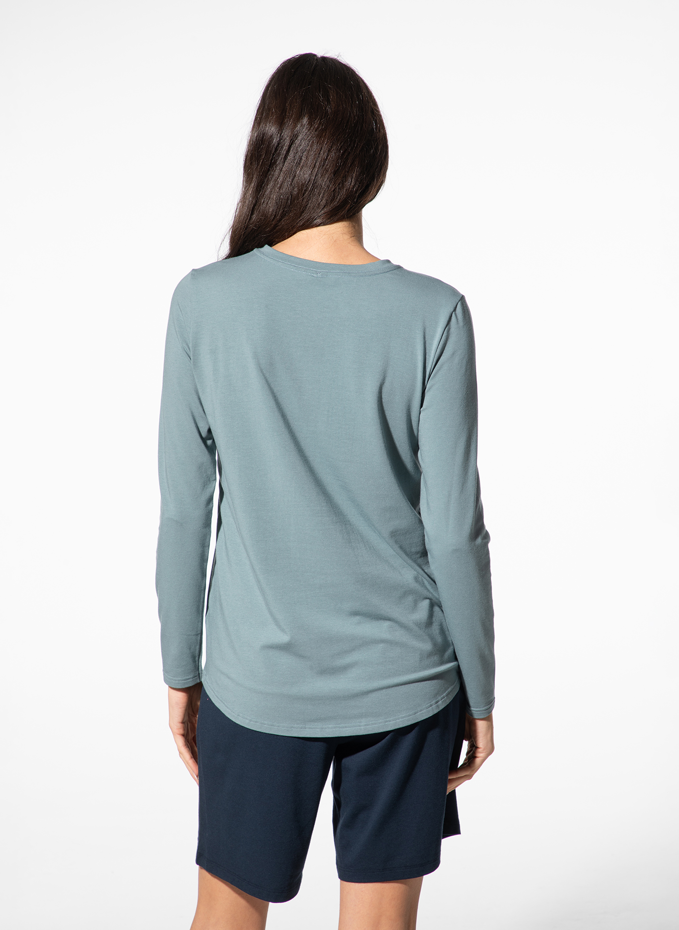 langeneigenschaften, t-shirt, einfarbig, blaugrau, rueckenseite