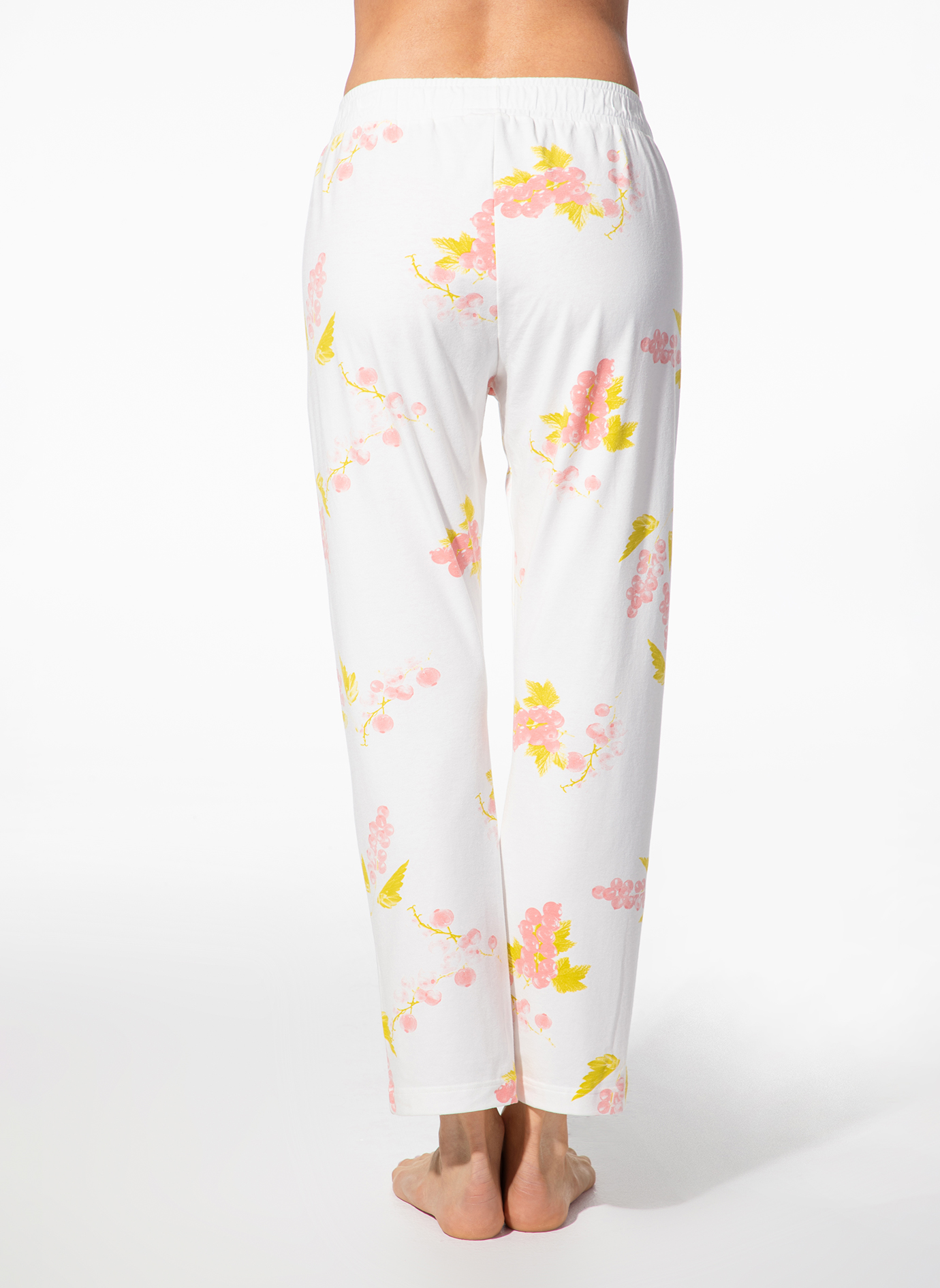 pyjama pants, white pants, floral pattern, pink flowers, yellow leaves