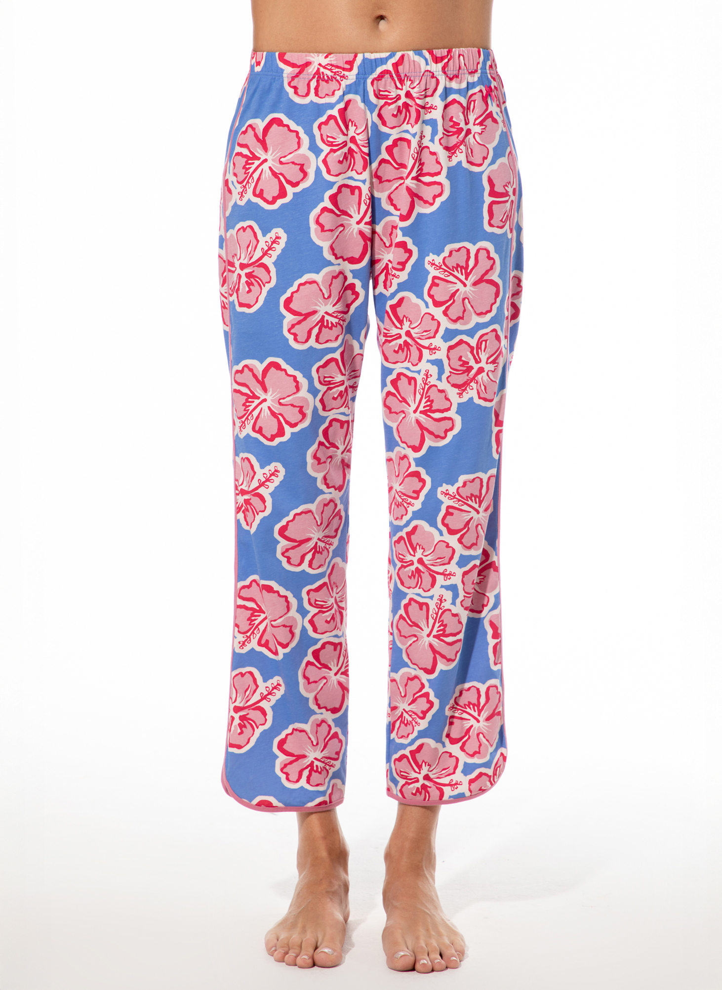 hosen, pyjama, blumenmuster, blau, hibiskus