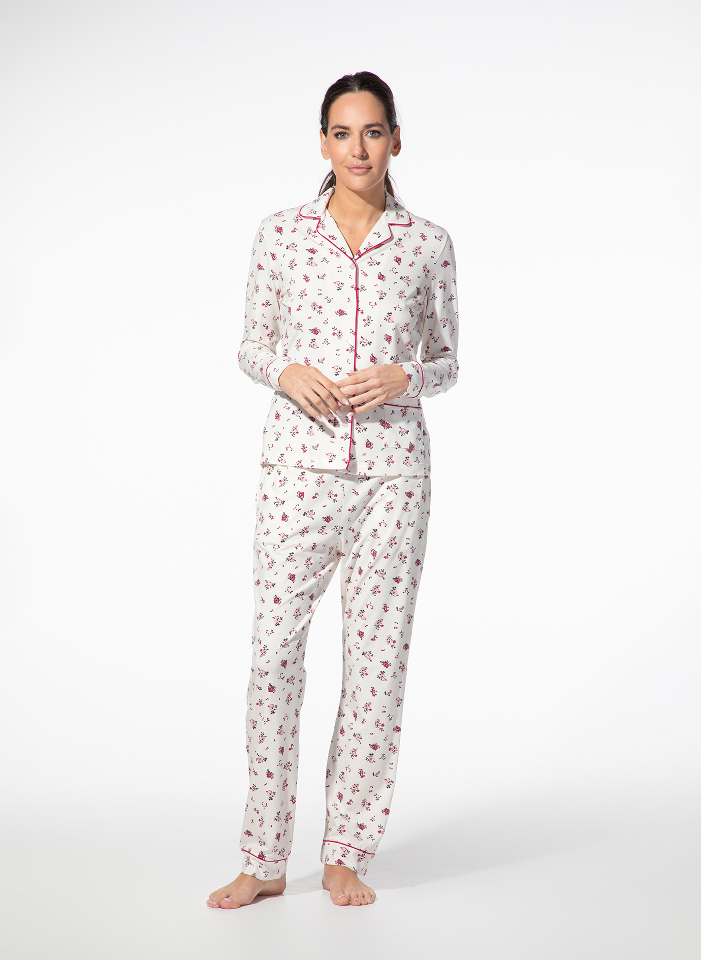 Pijama, Floral, Weiß, Langarm, Pijama-Set