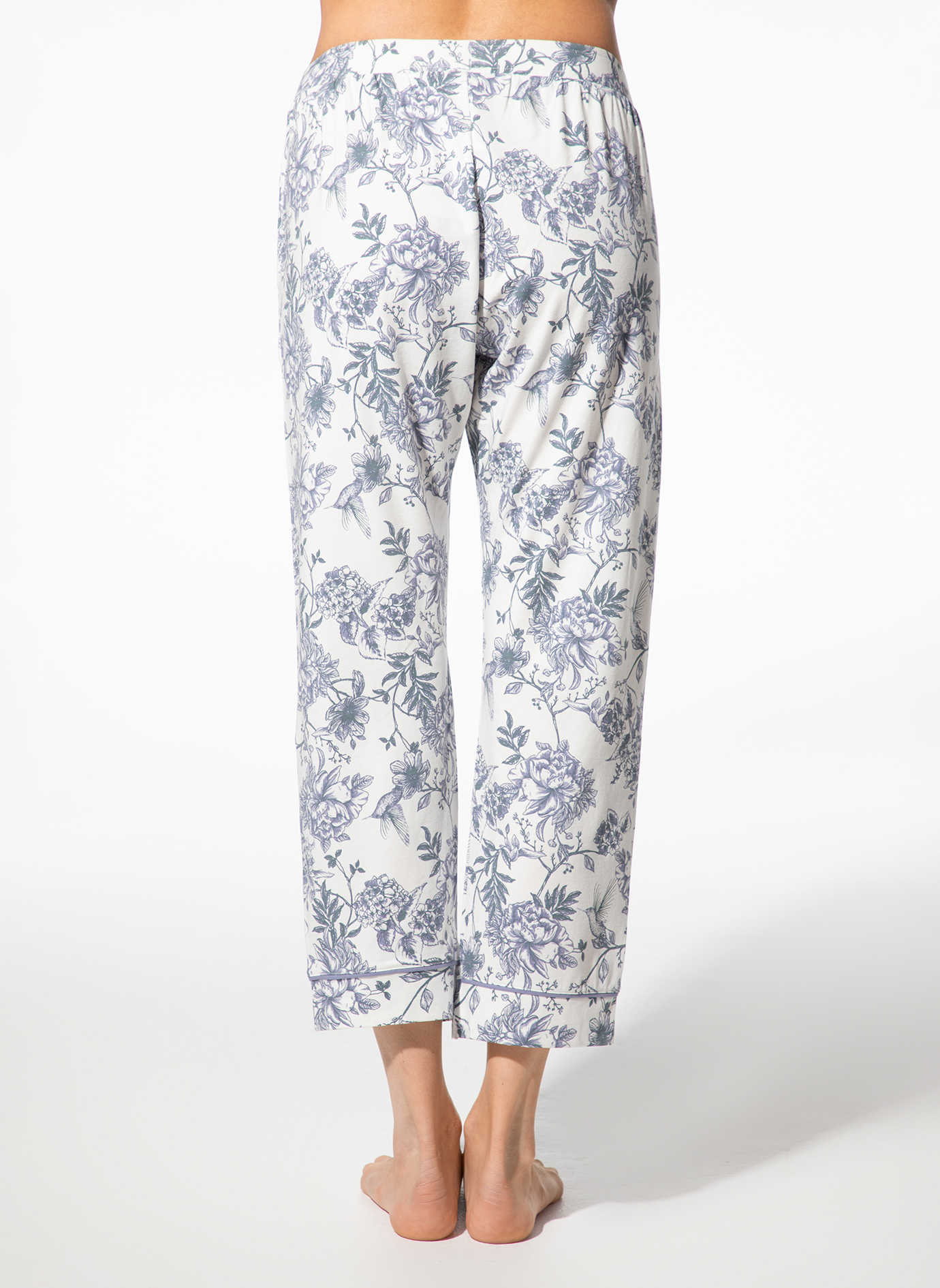 Pantalon, Hose, Floral, Weiß-Blau, Leinen-Optik