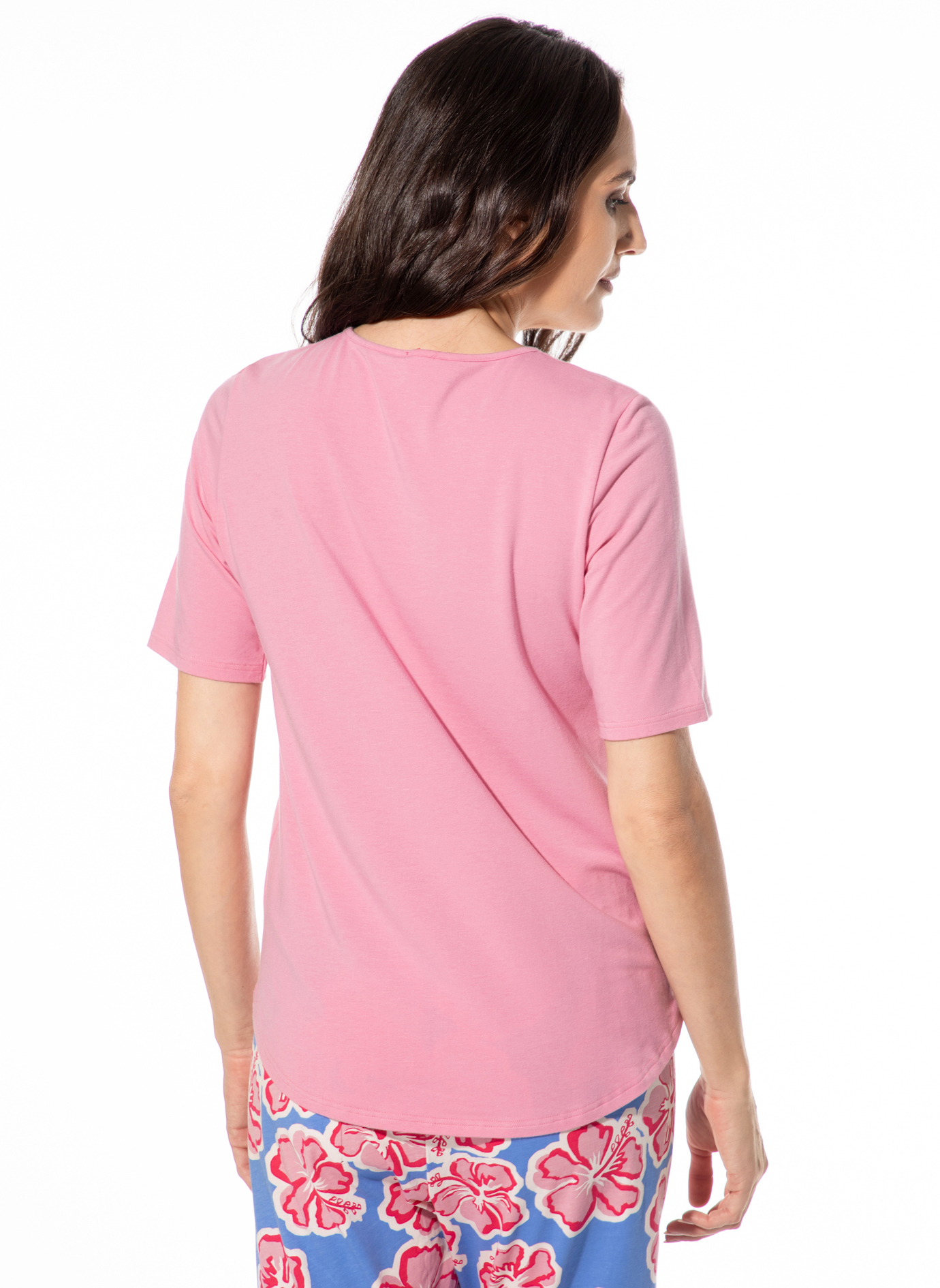 pinkes T-Shirt, kurzarmig, rundhalsausschnitt, Baumwollmischung, R8ckansicht, pinkes T-Shirt, Kurzarm, Rundhals, Baumwolle, Rückenseite