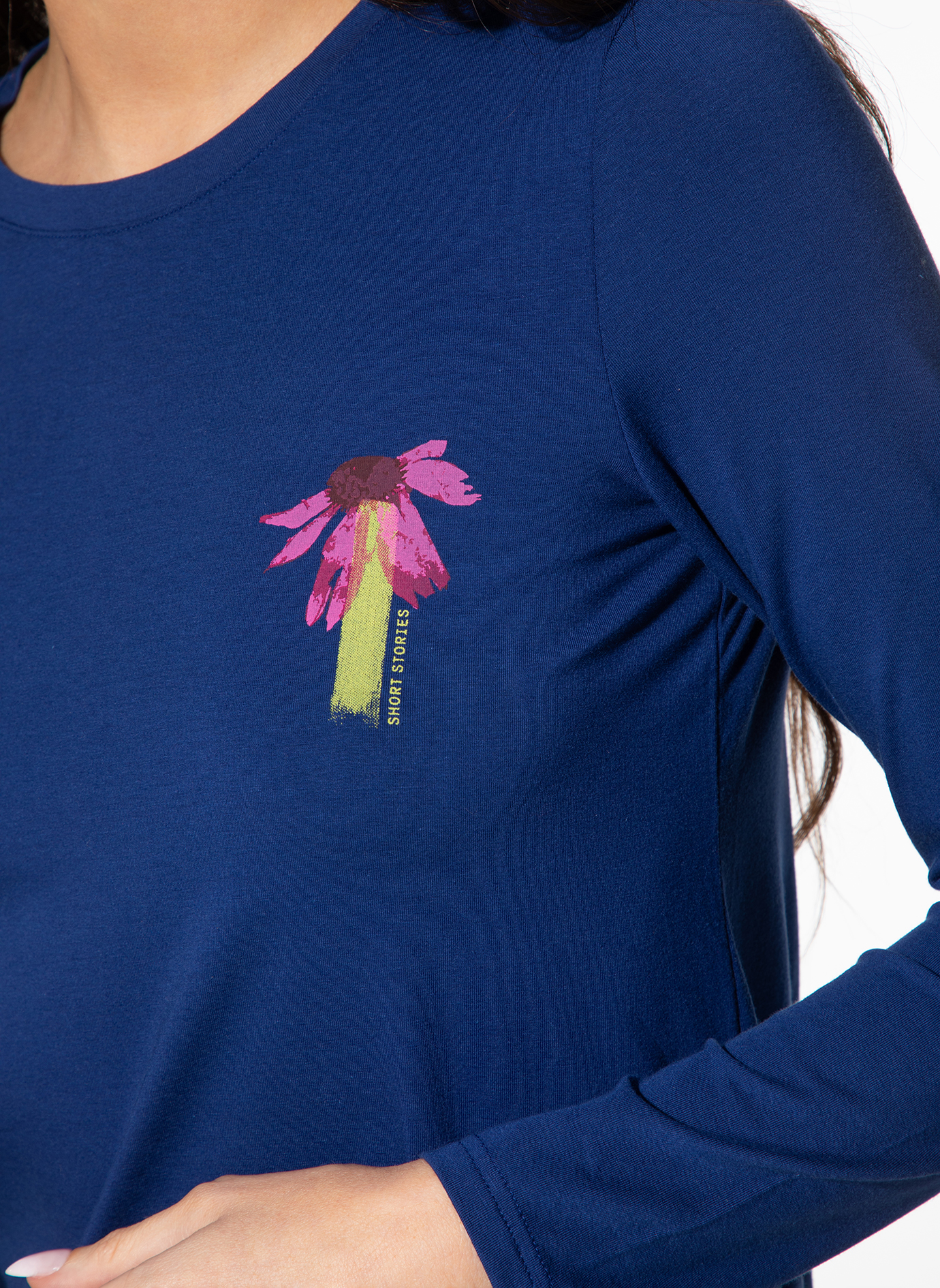T-Shirt, Langenarmshirt, Blau, Blumenmotiv, Kurzgeschichten