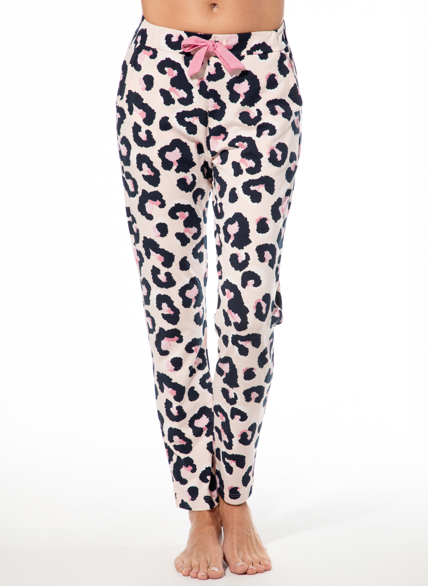 Leopard print, Joggpants, Pyjama裤?, Rosa Akzente, Beige Dunkelblau, Pajama pants, Leopard print, Pink bow, Soft fabric, Full-length